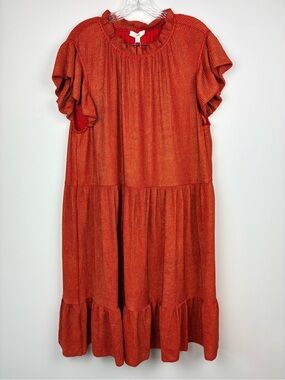 NWT ODDI Tiered Ruffle-Sleeve Dress in Burnt Orange Shimmery Metallic Fall Sz 1X